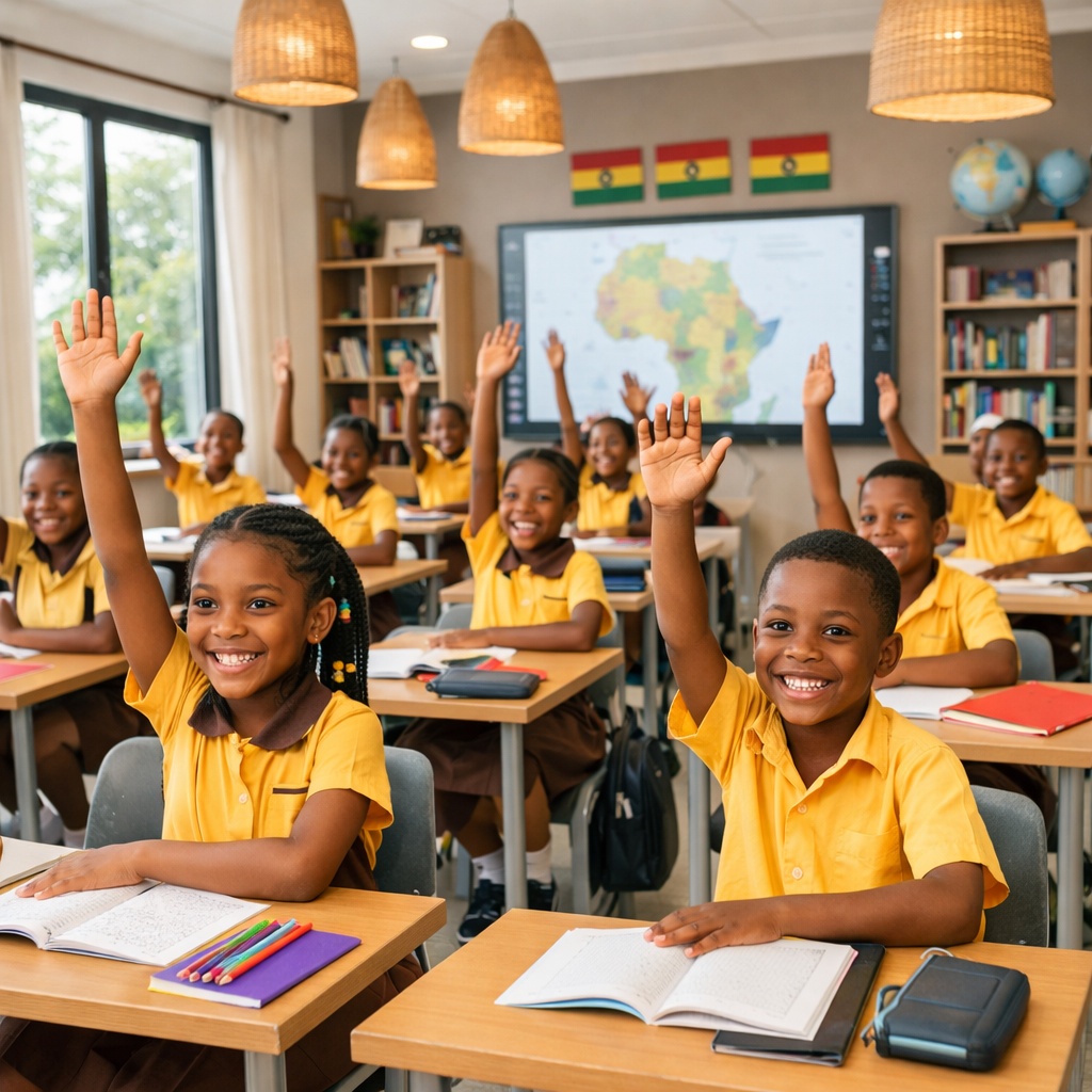 Ghanaian primary school children raising hands in classroom